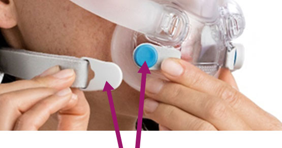 ResMed 자석형 마스크에는 환자가 헤드기어를 마스크 프레임에 간단하고 쉽게 부착하고 분리할 수 있도록 자석 클립이 달려 있습니다.